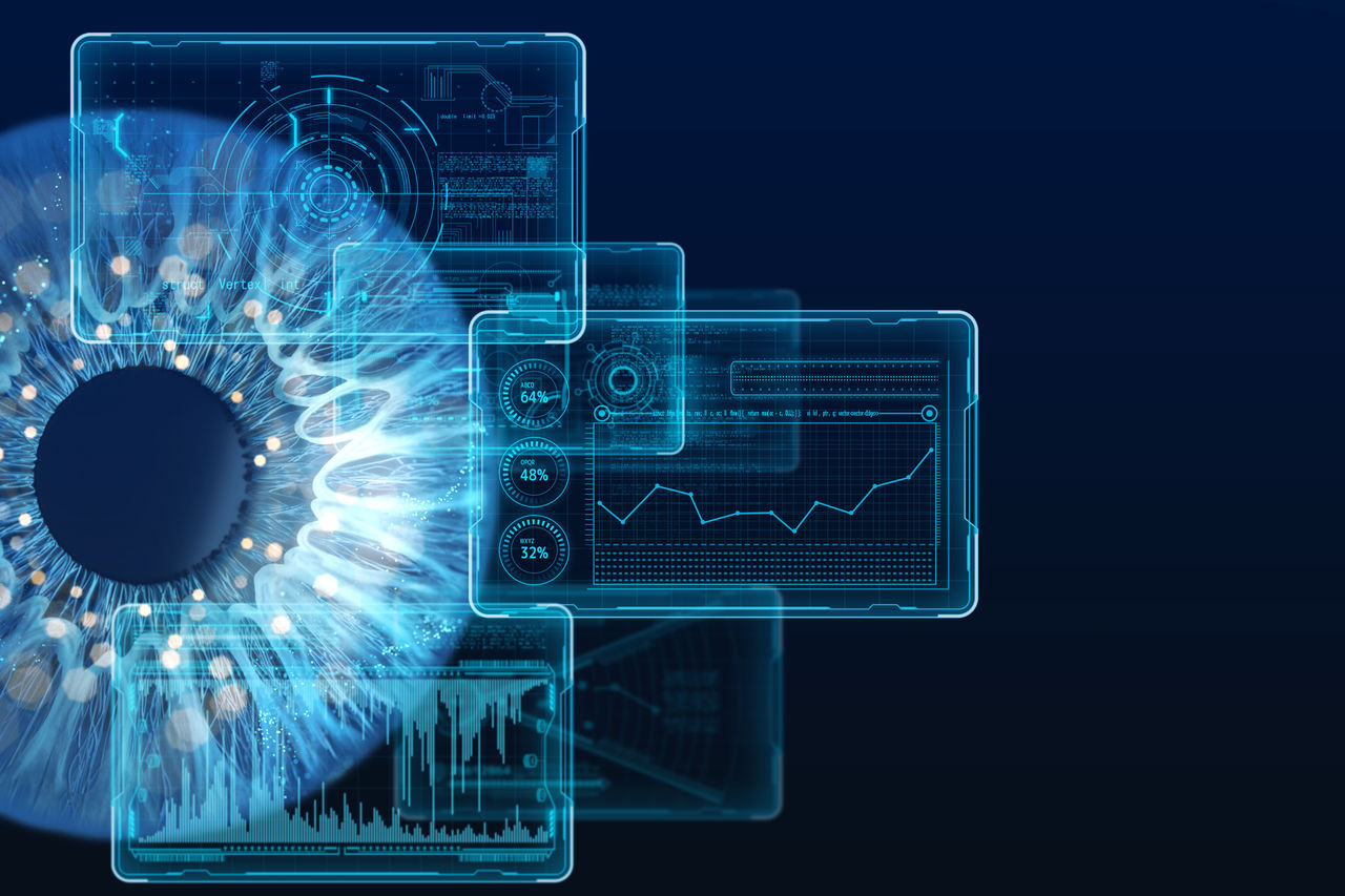 Close-up eye and a futuristic data screen panel on a dark blue background.